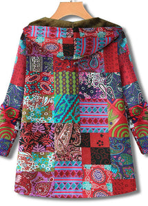 odern Red Hooded Print Zippered Patchwork Warm Fleece Coats Fall