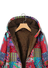 Load image into Gallery viewer, odern Red Hooded Print Zippered Patchwork Warm Fleece Coats Fall