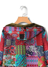 Load image into Gallery viewer, odern Red Hooded Print Zippered Patchwork Warm Fleece Coats Fall