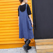 Load image into Gallery viewer, stylish denim blue Midi-length cotton dress Loose fitting cotton maxi dress Fine rivet decorated sleeveless knee dresses