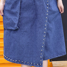 Load image into Gallery viewer, stylish denim blue Midi-length cotton dress Loose fitting cotton maxi dress Fine rivet decorated sleeveless knee dresses