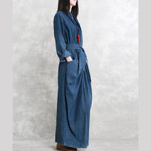 Load image into Gallery viewer, fine denim blue 2018 fall dress casual v neck tie waist traveling dress 2018 long sleeve back side open long dresses