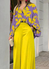 Load image into Gallery viewer, tyle Yellow Peter Pan Collar Print Cotton Shirts And Wide Leg Pants Two Piece Set Fall