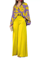 Load image into Gallery viewer, tyle Yellow Peter Pan Collar Print Cotton Shirts And Wide Leg Pants Two Piece Set Fall