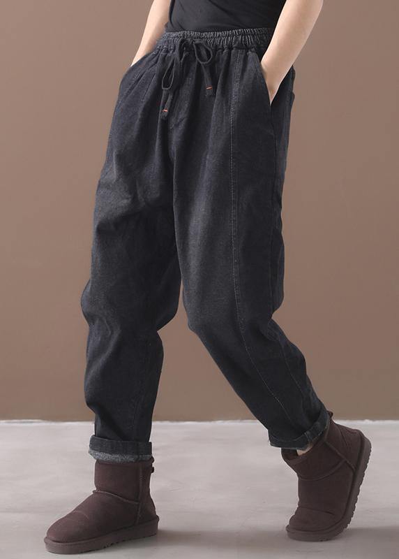 winter new denim black loose pants drawstring thick women trousers